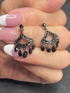 Monet Gunmetal Black Crystal Chandelier Fan Earrings